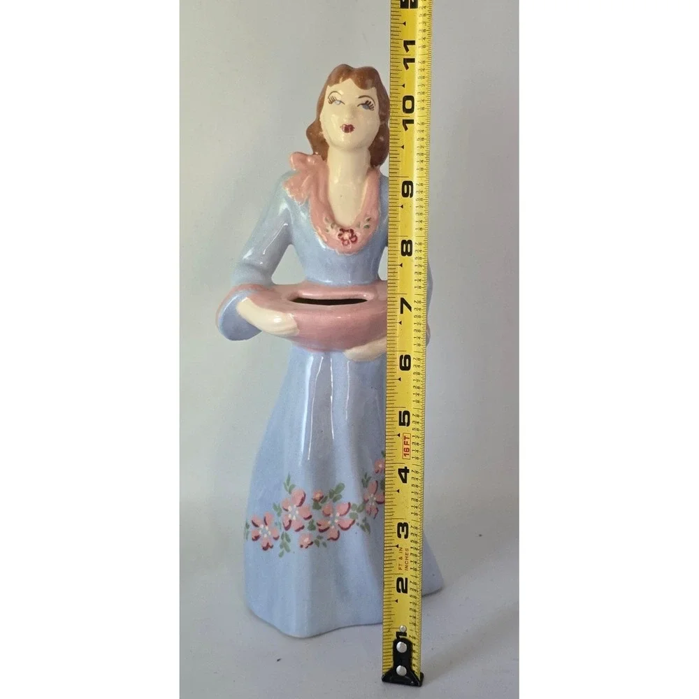 Vintage Lady Vase Blue Dress Pink Floral 1940-50's Weil Ware California 3053 MCM